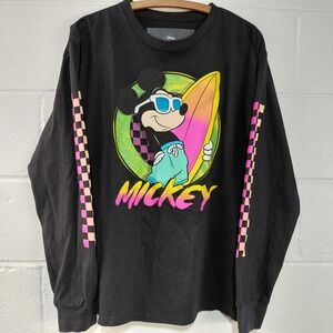 DISNEY MICKEY MOUSE Surfer Mens LARGE Black NEON Checkered Long Sleeve Shirt